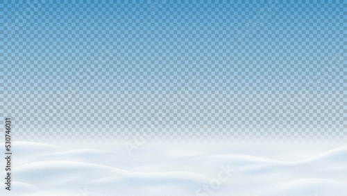 Winter landscape isolated on checkered background. Realistic texture of winter snow with snowdrifts. 3d vector illustration with frozen hills covered snow. Winter desert.