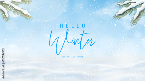 Vector illustration with winter landscape. Realistic texture of winter snow with snowdrifts, snowflakes, clouds and fir tree branches. 3d vector illustration with frozen hills covered snow.