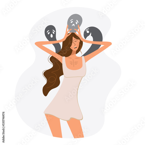 Sick depressed anorexic woman. The poor girl is mentally ill. The concept of depressive disorder, persecution mania. Slim build with anorexia. Vector flat illustration isolated background.