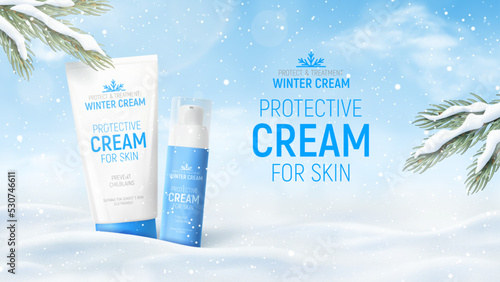Winter cosmetic ad banner template. Realistic winter landscape with tube and bottle of winter cream on snow. Vector 3d ad illustration for promotion of goods and cosmetic.