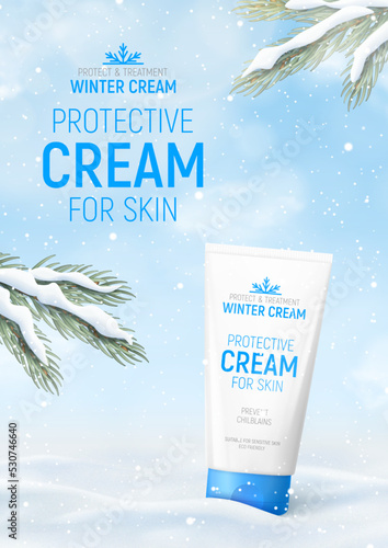 Winter cosmetic ad banner template. Realistic winter landscape with tube of winter cream on snow. Vector 3d ad illustration for promotion of goods and cosmetic.