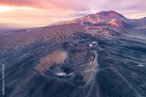 Sunrise in Ubehebe Crater. Death Valley, California. Beautiful Morning Colors and Colorful Landscape in Background. Sightseeing Place. Drone Viewpoint.