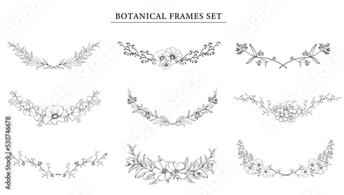 Botanical Frame set . Hand drawn floral borders and divider with branch vector illustration on white isolated background. Elegant line wedding herb, elegant leaves for invitation save the date card.