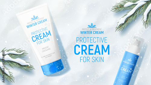 Winter cosmetic ad banner template. Top view on tube and bottle of winter cream and fir tree branches on snow. Vector 3d ad illustration for promotion of goods and cosmetic.
