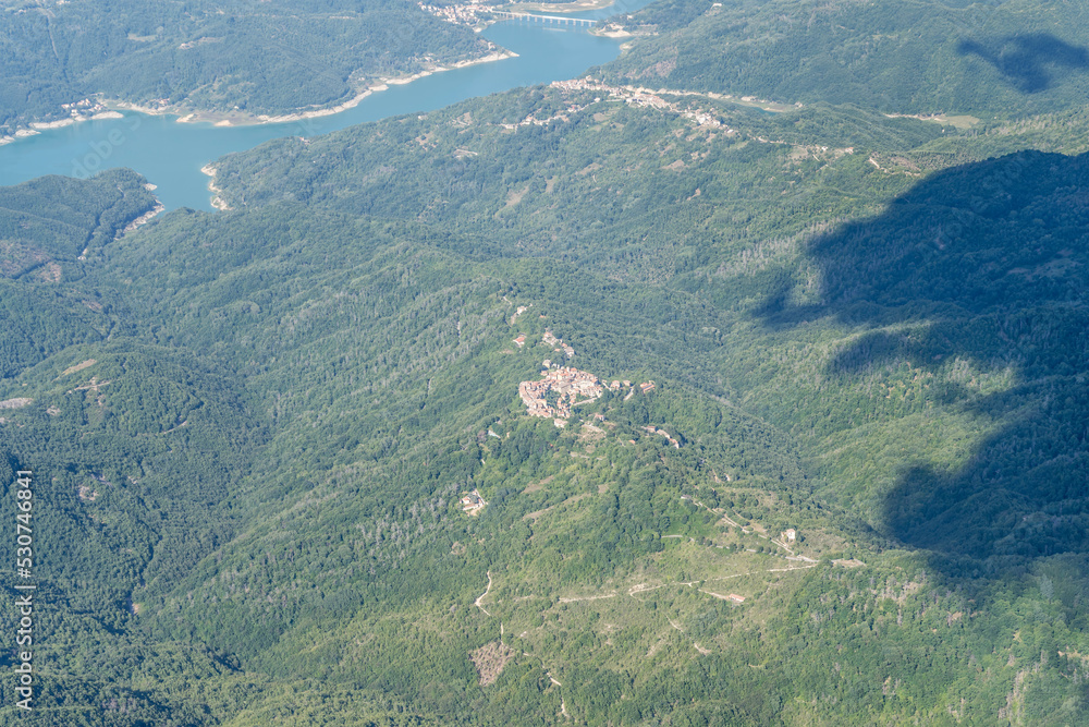 Marcetelli hilltop village, aerial, Italy