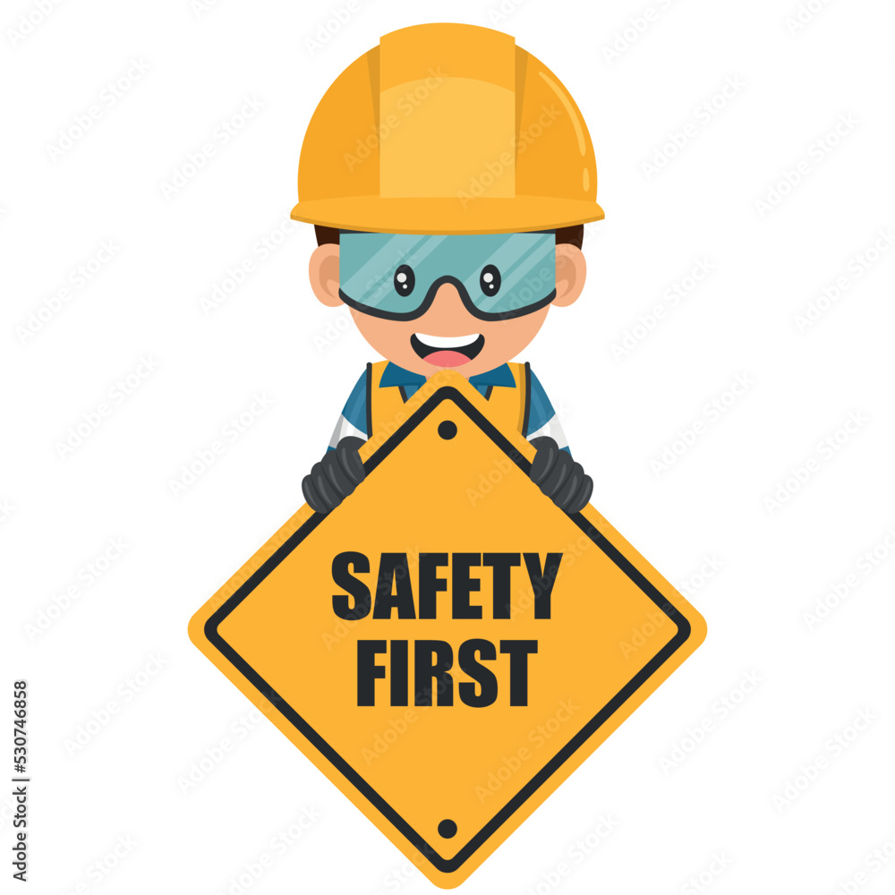 Industrial worker holding safety first sign. Engineer with his personal protective equipment. Industrial safety and occupational health at work - obrazy, fototapety, plakaty 