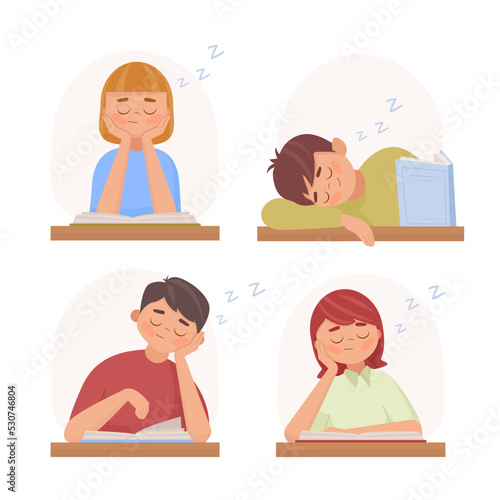 Kids boys and girls sleep with book in class
