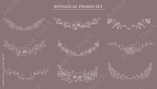Botanical Frame set . White line hand drawn floral borders and divider with branch vector illustration. Elegant line wedding herb, elegant leaves for invitation save the date card.