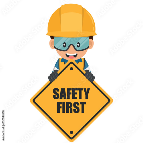 Industrial worker holding safety first sign. Engineer with his personal protective equipment. Industrial safety and occupational health at work