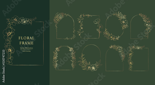 Floral Frame set . Hand drawn Botanical vector illustration. Gold flower wreath.