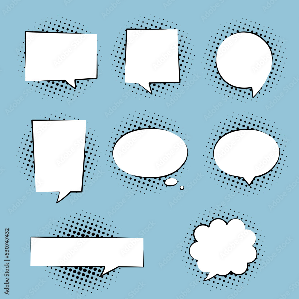 collection set of blank black and white pop art polka dots halftone speech bubble balloon, think speak talk whisper text box, flat vector illustration design isolated collection set of blank black and white pop art polka dots halftone speech bubble balloon, think speak talk whisper text box, flat vector illustration design isolated