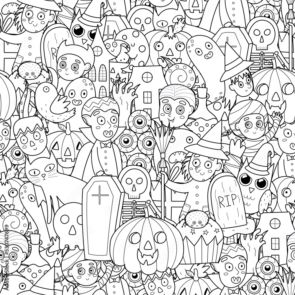Black and white seamless pattern with Halloween characters. Doodle coloring page for adult and kids with pumpkin, witch, ghost and others. Vector illustration