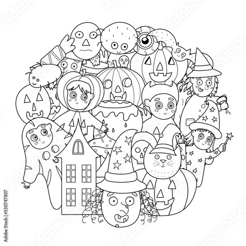 Circle shape pattern with cute Halloween characters for coloring book. Black and white background with witch  ghost  pumpkin  spider and others. Vector illustration