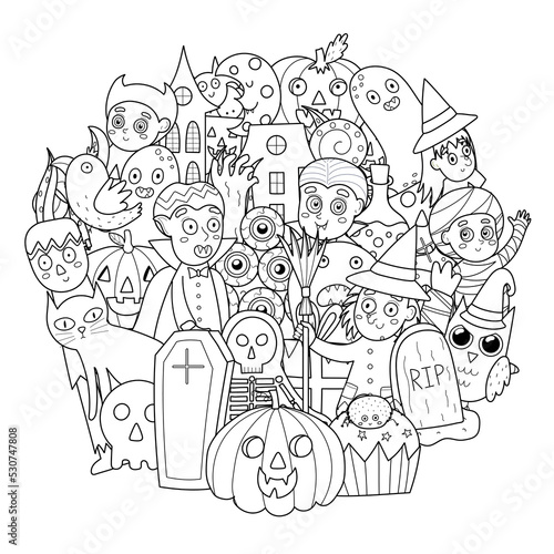 Doodle Halloween characters coloring page. Spooky circle shape print. Halloween black and white mandala with pumpkin, witch, zombie, cat and others. Vector illustration