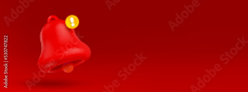 Alert, warning, emergency notification 3d render. Vector bell with exclamation sign on red background. Notice of hacker attack, spam, program error in application illustration in cartoon plastic style