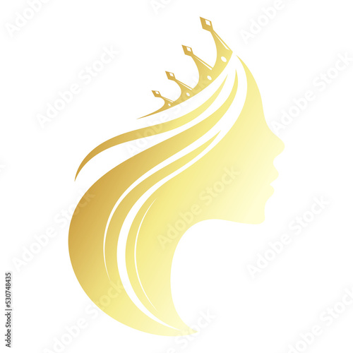 Golden silhouette of a girl with a crown. Symbol for stylist and hair salon