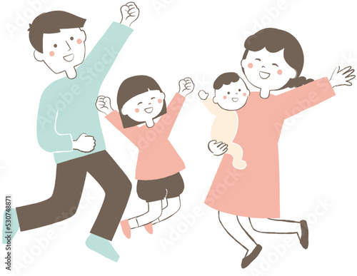 ジャンプする4人家族　親子　喜び　うれしい