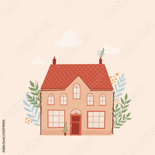 cute hand drawn cottage decorated with leaves and small flowers for posters, prints, cards, templates, stationary, planners, etc. EPS 10