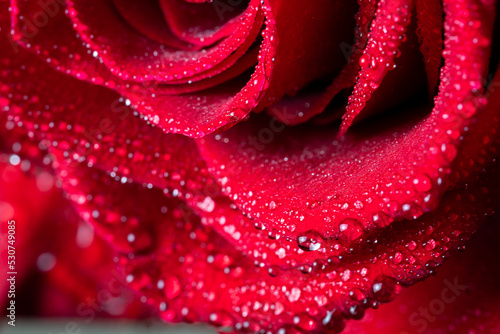 Fototapeta Naklejka Na Ścianę i Meble -  Red rose petals close-up with water drops. Floral background for screensaver, wallpapers, postcards for Valentine's day, birthday, wedding day. High quality photo