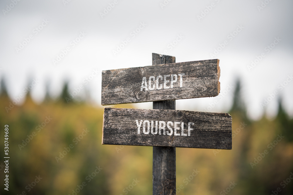 vintage and rustic wooden signpost with the weathered text quote accept yourself, outdoors in nature. blurred out forest fall colors in the background.