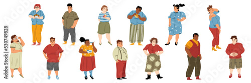 Body positive fat people with unhealthy food isolated on white background. Different persons with overweight, plus size men and women with cakes, burger and donuts, vector flat illustration