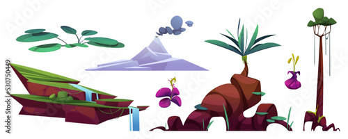 Prehistoric planet landscape set with volcano, green plants, flowers and waterfall isolated on white background. Mountain with crater and smoke, tropical tree and river, vector cartoon illustration