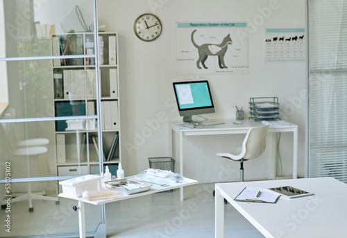 Horizontal image of modern vet clinic with workplace with computer photo