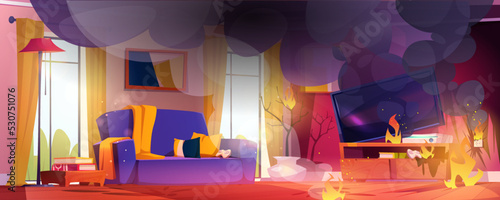 House room in fire. Flame and black smoke clouds inside of home interior, burning living room with blazing tv set and thick smog covering furniture, dangerous accident, Cartoon vector illustration