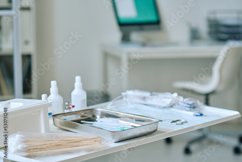 Wallpaper Mural Close-up of medical supplies on table at clinic preparing for medical procedure Torontodigital.ca