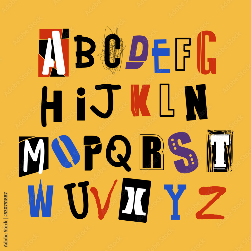 Alphabet in punk style. Colored letters on a yellow background are hand-drawn. Lettering, newspaper clipping Alphabet in punk style. Colored letters on a yellow background are hand-drawn. Lettering, newspaper clipping