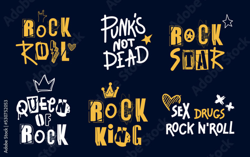 A set of painted lettering. Rock and roll, queen of rock, king of rock, sex, drugs, punks no dead