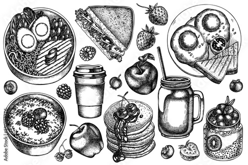 Breakfast vintage vector illustrations collection. Black and white sandwich, pancakes, bowl with avocado, porridge with berries, chia pudding, fried eggs, raspberry, blueberry, strawberry, apples