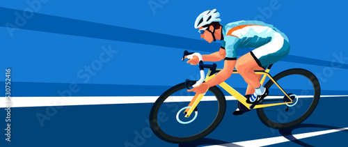 A cyclist rushes on a yellow road bike. In the gear. Gravel bike. Cycling team. Bicycle form. Dynamic scene, high speed. Vector illustration. Blue background, parallel lines