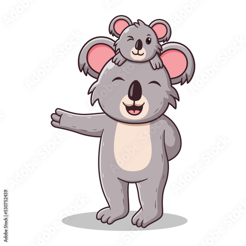 Loving Mother Koala Waving hand with the Baby. Animal Icon Concept. Flat Cartoon Style. Suitable for Web Landing Page  Banner  Flyer  Sticker  Card