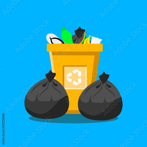 Trash can vector design with two plastic bags