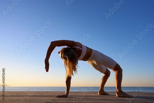 Young sporty woman training in outdoor, working out at animal flow style, making crab position. 