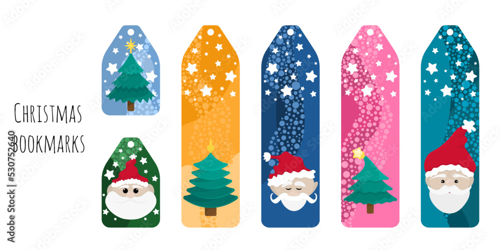 Set of 6 templates of colorful bookmarks about Christmas. Christmas kid's bookmarks with a Christmas tree, Santa Clauses, stars. Flat cartoon illustration style. Isolated on white background.