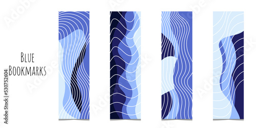 Set of 4 bookmarks templates in blue color pallete. Abstract waves and geometric elements. Classical rectangular bookmarks for man and woman. Flat illustration. Isolated on white background.