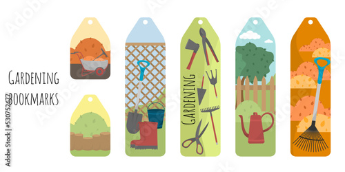 Set of 6 colored bookmarks with gardening stuff. Bookmarks for reading book. Flat illustration with cartoon elements. Bookmarks isolated on a white background.