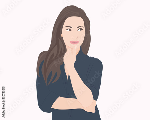 Contemplative woman holding her chin with her hand to show a thought or trouble