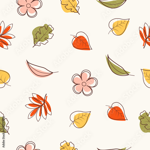 Autumn pattern with one line leaves on beige background.