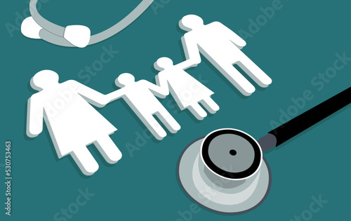 illustration with stethoscope and family figurines on blue background. Flat illustration can be used like poster, sticker, in typography.