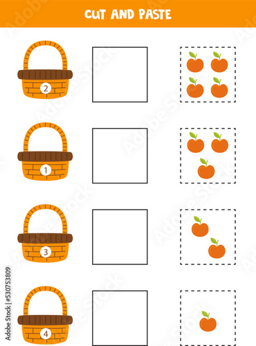 Math game for kids. Count and paste apples to baskets.