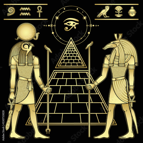 Animation portrait: Ancient Egyptian god Ra and god Seth. Good and evil. View profile. Pyramid symbol, hieroglyphs. Vector illustration isolated on a  black background. Gold imitation.