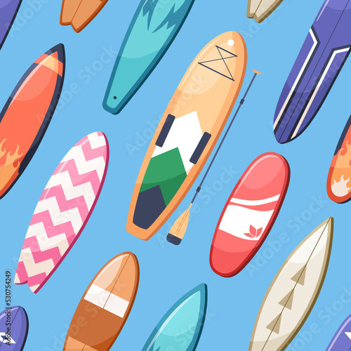 Seamless summer sport pattern with different water boards, surfboard, sup, surf. Endless background, repeating print with beach equipment. Texture design for wrapping, fabric. Flat vector illustration