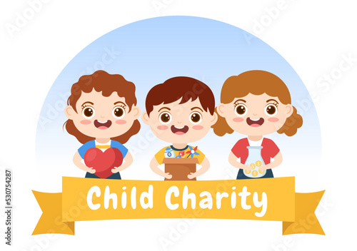 Cardboard Donation Box Containing Toys for Children, Social Care, Volunteering and Charity in Hand Drawn Cartoon Flat Illustration