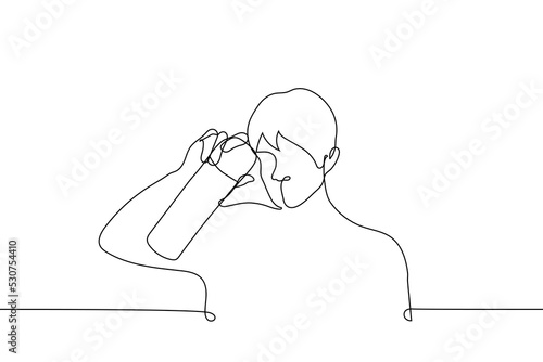 man pointing aerosol can at viewer - one line drawing vector. concept aerosol can (mosquito spray, street artist)
