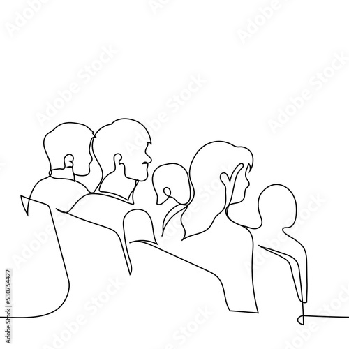 crowd of people sitting in a hall (theatre, cinema, conference or seminar) - one line drawing vector. seated audience concept