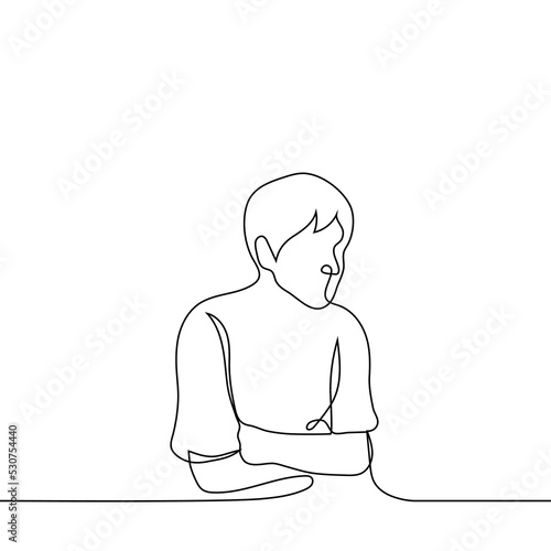man hugged himself - one line drawing vector. concept loneliness or abdominal pain (colic)