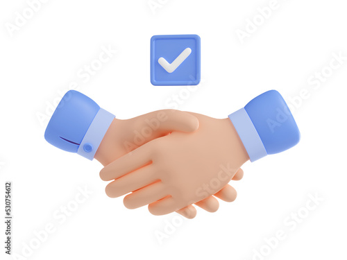 Handshake icon with check mark. Concept of partnership, business deal, agreement, cooperation, approved contract with hands shake isolated on white background, 3d render illustration